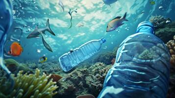 AI generated plastic bottles float in the ocean with fish and corals, environmental protection concept photo