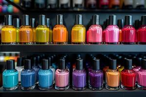 AI generated multi-colored nail polishes on a manicurist's shelf photo