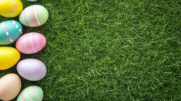 AI generated colored Easter eggs on green grass, Easter background photo