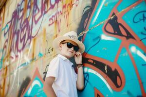 ai generado chico en un sombrero y Gafas de sol en contra el antecedentes de un pintada pared foto