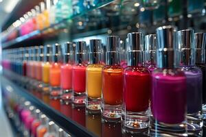 AI generated multi-colored nail polishes on a manicurist's shelf photo