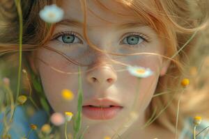 ai generado retrato de un linda pequeño niña en un campo con flores silvestres, verano estado animico foto
