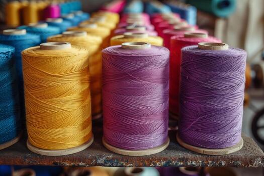 AI generated Colorful spools of thread in a textile factory photo