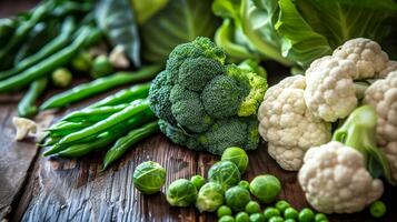 AI generated Composition with a variety of fresh vegetables cauliflower, broccoli, peppers, herbs on a wooden background. Balanced diet photo