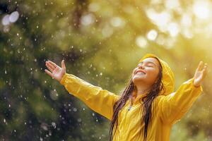 AI generated a little girl in a yellow raincoat rejoices while standing in the spring rain photo