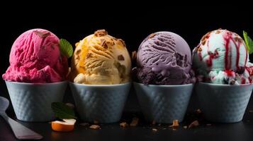 AI generated colorful ice cream scoops on dark marble background photo