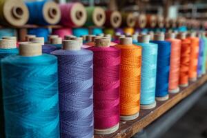 AI generated Colorful spools of thread in a textile factory photo