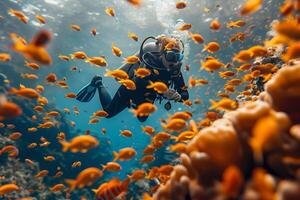 ai generado un rebaño de amarillo exótico pescado nada en el océano, un escafandra autónoma buzo es en el antecedentes foto