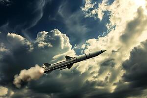 AI generated ballistic missile flies in the clouds, military action, destruction photo