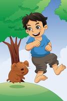 A vector illustration of boy playing with his little dog