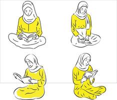 mujer con hijab leyendo libro vector