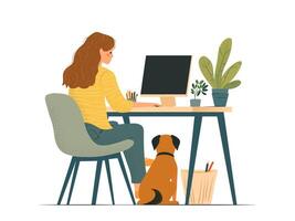 mujer sentado a su escritorio con un perrito mientras trabajando en su computadora, lleno cuerpo, aislado en un blanco antecedentes. sencillo plano vector ilustración