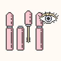 Tube of mascara icon pixel art.Closed, open with a brush, with an eye mascara tube. Simple instructions for using set.Vector illustration EPS 10. vector