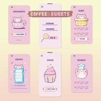 Design for mobile application with cute cats pixel art.Web page template for sweets store,cafe,coffee shop.Registration sign,catalog,vacancies,online ordering,contacts ect.Vector illustration EPS 10 vector