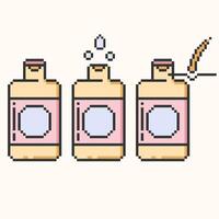 Shampoo bottle and foam pixel art icon set.Hair care,loss treatment, moisturizing,healthy roots,follicle,thin line symbol on white background.Simple instructions for using.Vector illustration EPS 10 vector