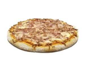 A whole tuna and bacon pizza, isolated on a white background. photo