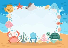 Frame with sea animal flowers in flat style on a background of sea and sand. Place for text vector