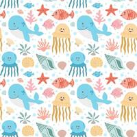 pattern of kawaii sea animals, shells and seaweed on a white background vector