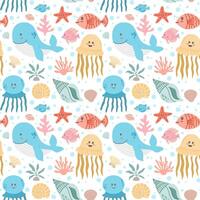 pattern of kawaii sea animals, shells and seaweed on a white background vector