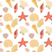pattern with seashells, starfish, corals, seaweeds, waves. Hand-drawn seaside summer beach print. Cute ocean background. vector