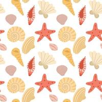 pattern with seashells, starfish, corals, seaweeds, waves. Hand-drawn seaside summer beach print. Cute ocean background. vector