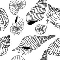 Seamless pattern with simple linear seashells. Black and white vector