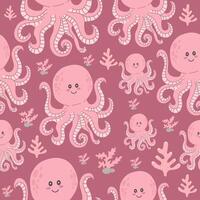 Seamless pink pattern with cute octopuses, corals and seashells on a dark pink background vector