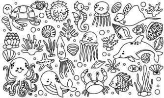 Set of sea animals in line doodle style . Cartoon animals for kids. Doodle. vector