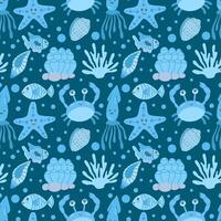 Seamless Pattern with sea blue animals, seaweed and shells on a dark blue background. Vector