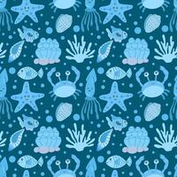 Seamless Pattern with sea blue animals, seaweed and shells on a dark blue background. Vector