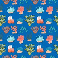 Seamless pattern with colorful different seaweeds on a blue background. Vector