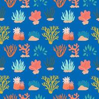 Seamless pattern with colorful different seaweeds on a blue background. Vector