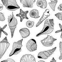 Seamless pattern with simple linear seashells. Black and white vector