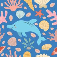 Pattern with dolphins, arches, seaweeds isolated on a blue background. Kawaii flat style vector