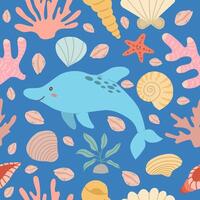 Pattern with dolphins, arches, seaweeds isolated on a blue background. Kawaii flat style vector