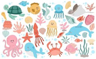Set with hand drawn sea life elements. Vector doodle cartoon set of marine life