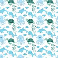 Seamless pattern with sea animals on a white background. Dolphin, turtle, fish, octopus, whale. Children's print for your design vector