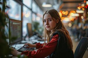 ai generado joven mujer trabajando en el oficina con computadora foto