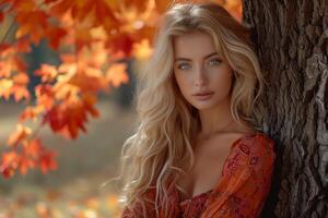 ai generado hermosa rubia mujer en naranja roja vestir posando por árbol con vistoso hojas foto