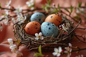 AI generated Nest with colorful Easter eggs and spring flowers on a peach colored background photo