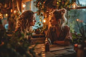 AI generated Two lesbian women on a date in a cafe photo