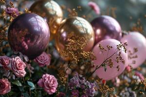 AI generated rose gold and gold foil balloons with roses. Copy space photo