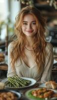 AI generated Vegetarian Delight Young Woman Enjoying Meal at Bright Table photo