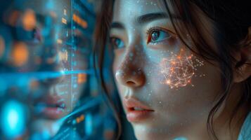 AI generated Future Interaction Woman with Neural Interface Device Explores Singularity photo