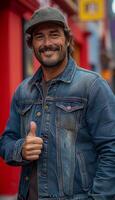 AI generated Travel Vlogger Excitement Thumbs Up in Denim Jacket photo
