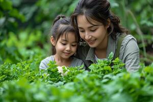 ai generado mamá y su hija son ocupado con plántulas jardinería en primavera foto