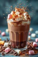 AI generated creative cocoa of different colors in glass with marshmallows with different splashes in dynamics on a blue simple background photo