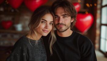 AI generated American couple stands amid red heart-shaped balloons, evoking Valentine's Day romance with a subtle shadow effect photo