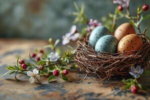 AI generated Nest with colorful Easter eggs and spring flowers on a peach colored background photo