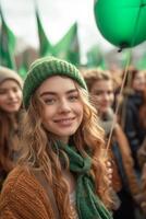 ai generado mujer participación verde banderas y globos a un reunión en internacional De las mujeres día foto